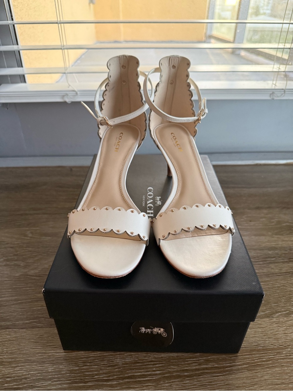 Coach MONICA SOFT SHINE CALF Scalloped Ivory Ankle-Strap Heels